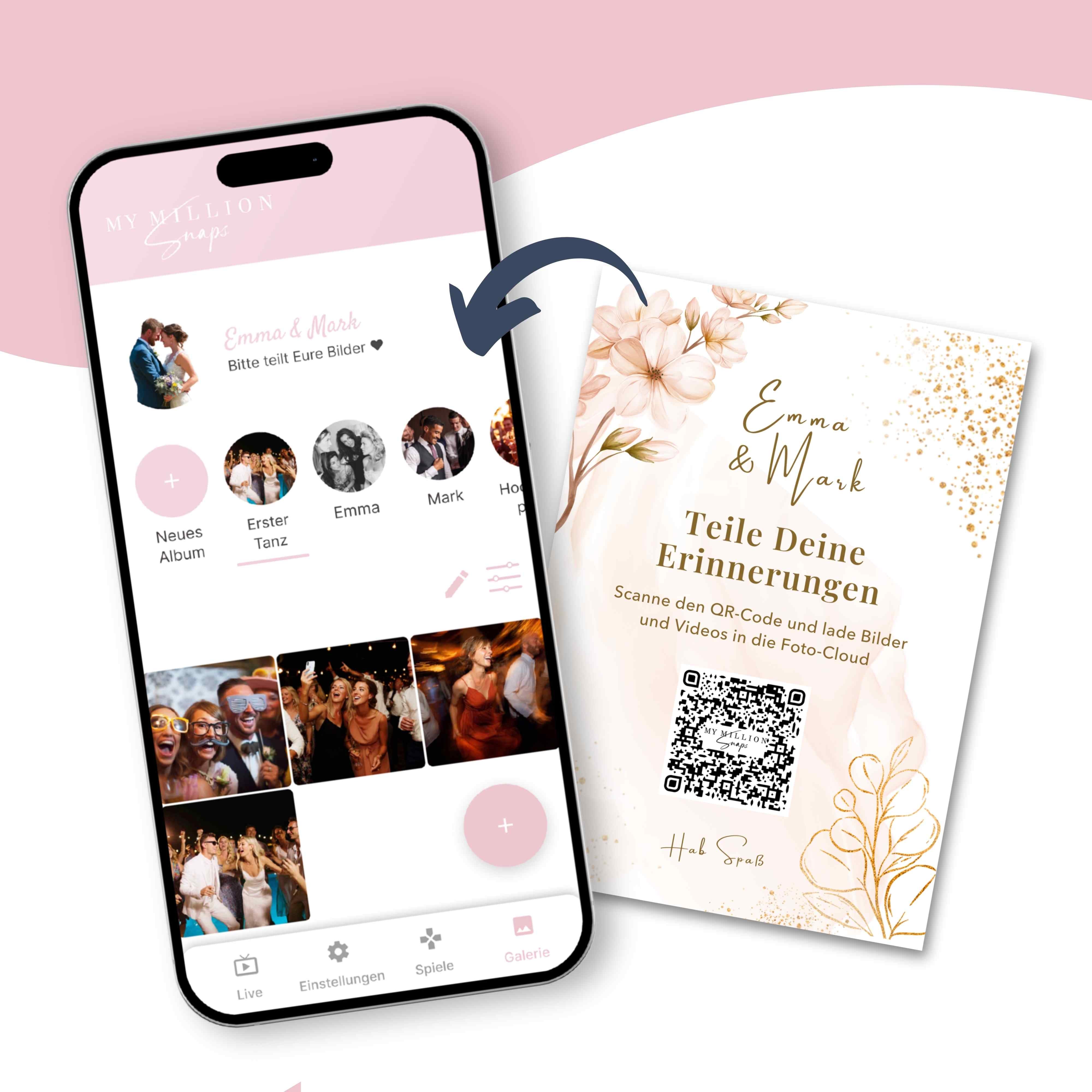 Hochzeits Foto & Video App inkl. QR-Code und Designkarten